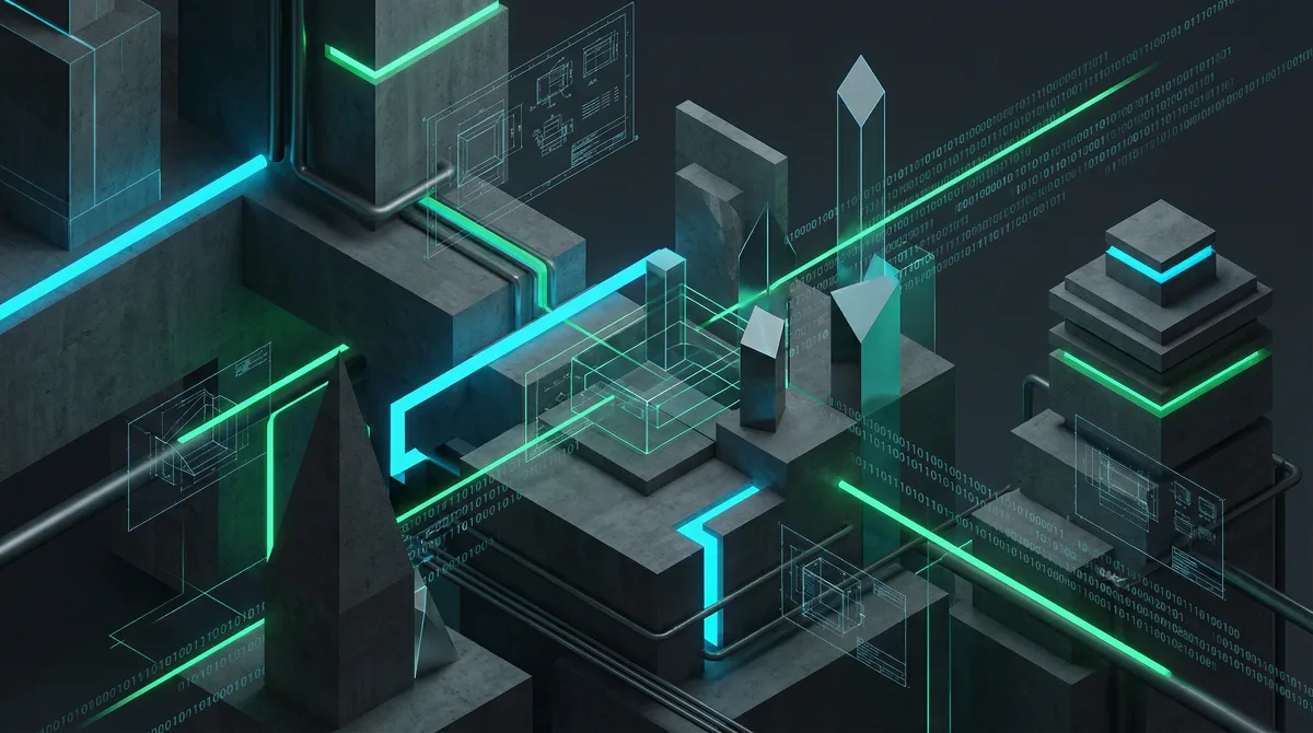 Futuristische isometrische Darstellung eines Tech Studios: Leuchtende Gebäude mit türkis-grünen Neon-Linien, die vernetzte digitale Infrastruktur und moderne Softwareentwicklung symbolisieren